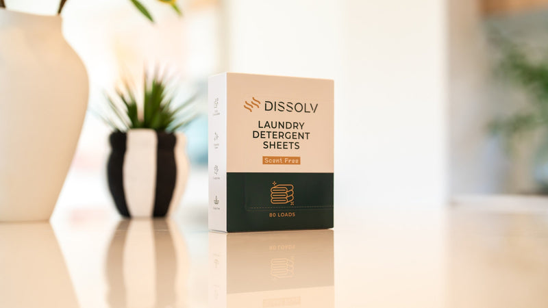 A slim box of DSSLV laundry detergent sheets on a kitchen bench