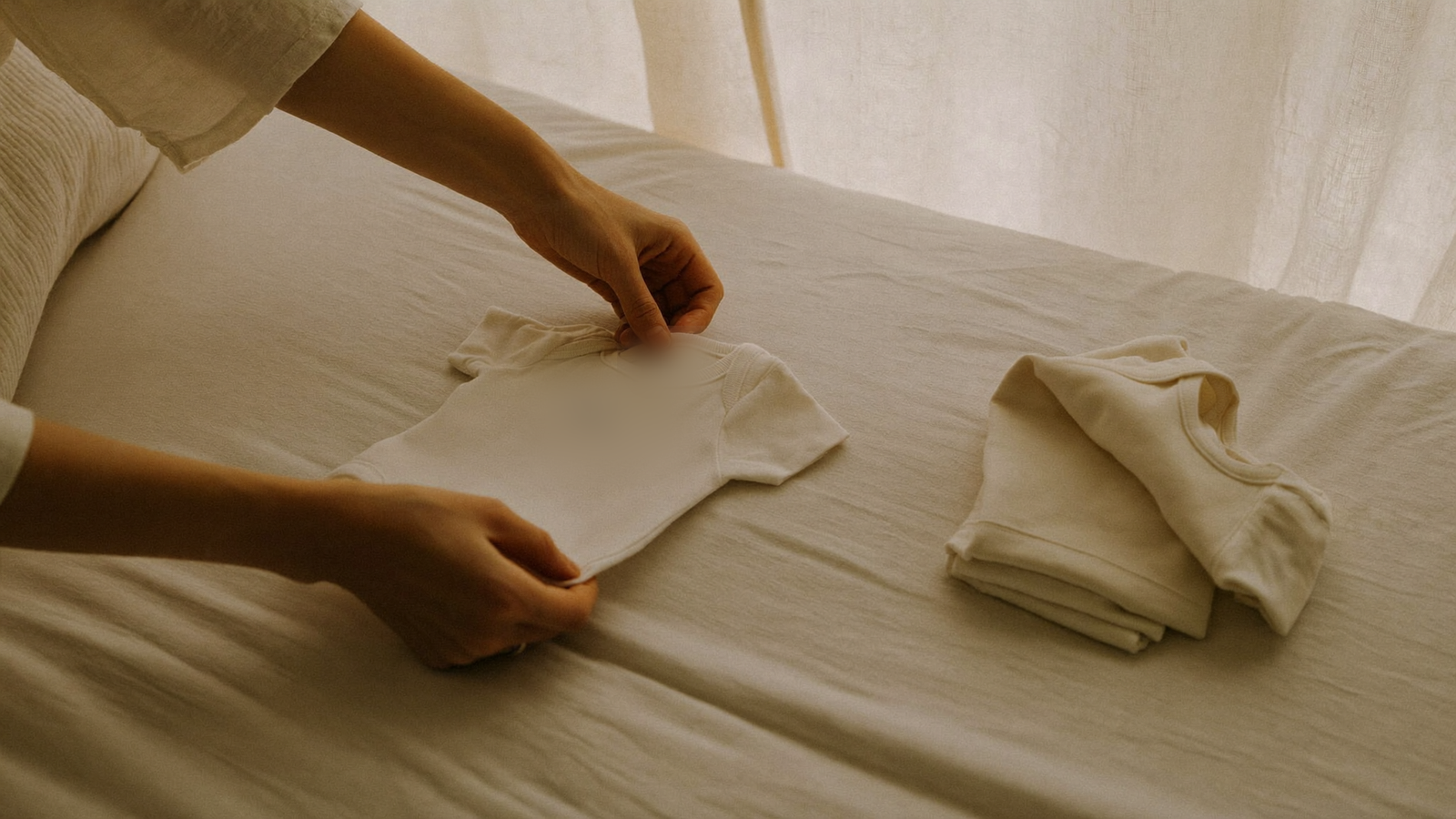 Gentle hands folding plain white baby clothes on a linen bed in soft morning light