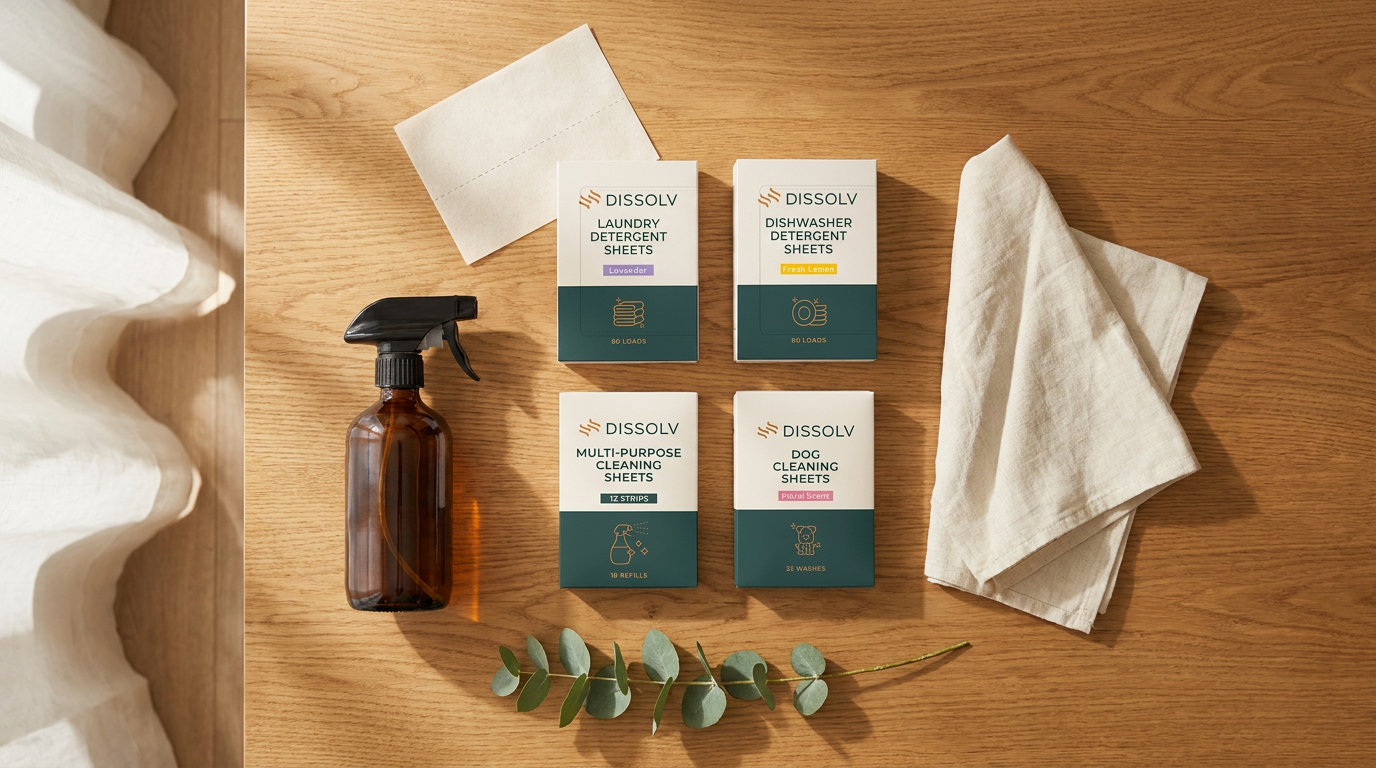 Flat-lay of the four Dissolv plastic-free cleaning products with a reusable spray bottle, linen cloth and eucalyptus