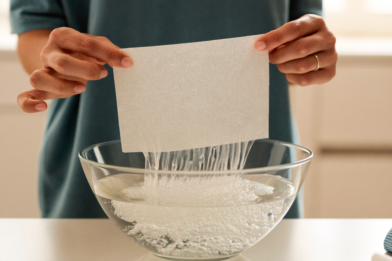 A dissolvable laundry detergent sheet dissolving into a glass bowl of water