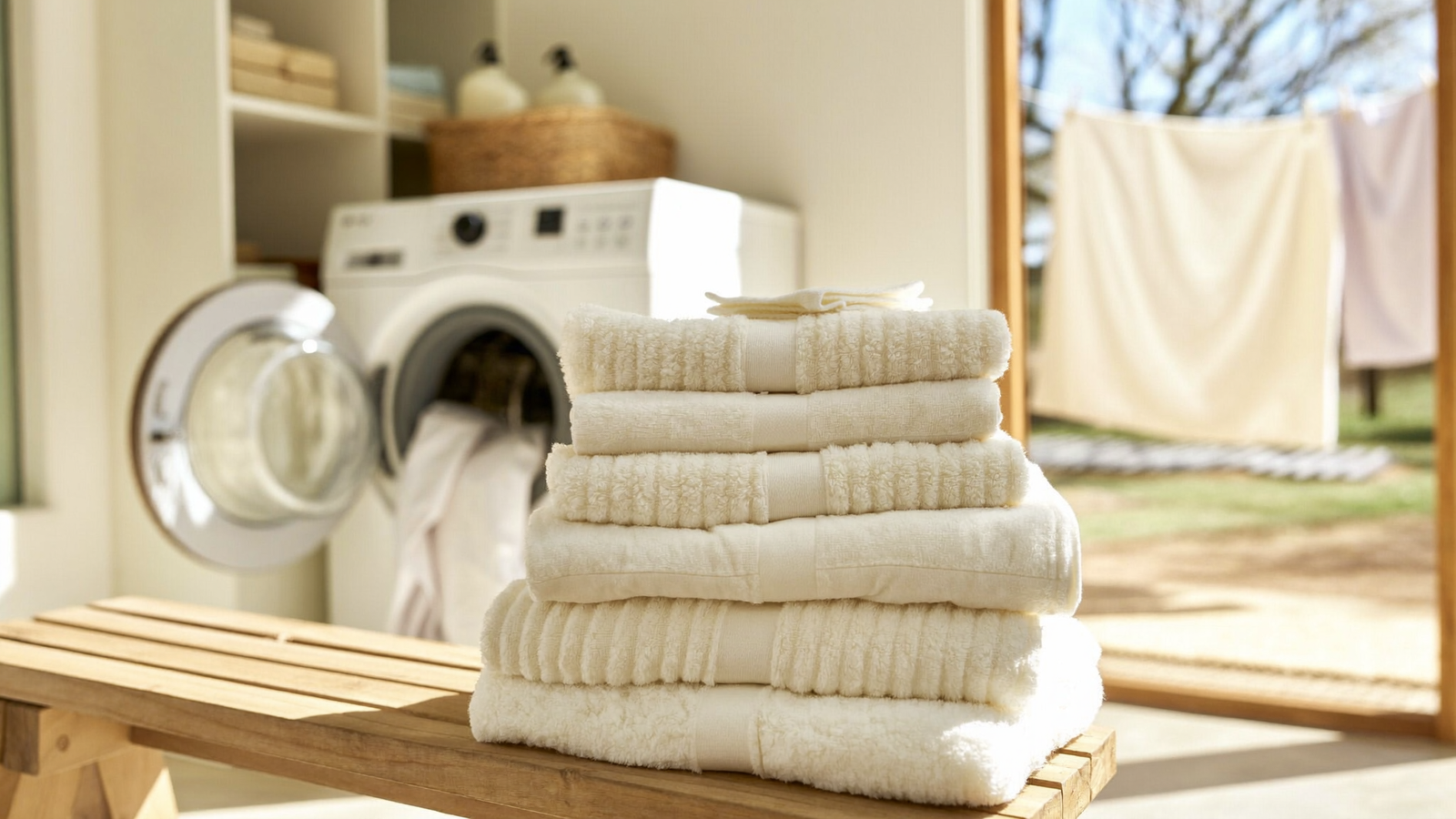 A stack of fluffy cream towels on a timber bench in a sunlit Australian laundry with washing on the line outside