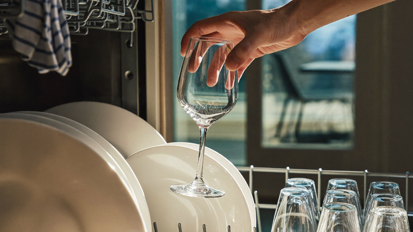 A hand lifting a sparkling clear wine glass from an open dishwasher rack in a sunlit kitchen
