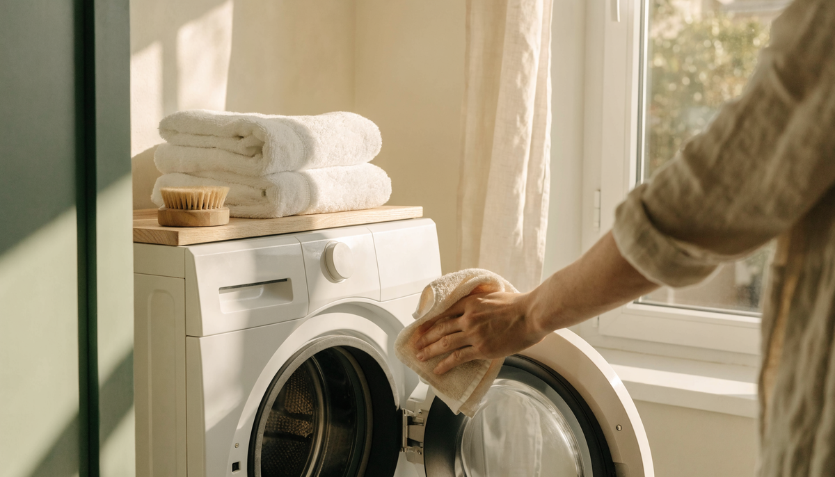 Wiping the door seal of a white front loader washing machine in a sunlit Australian laundry