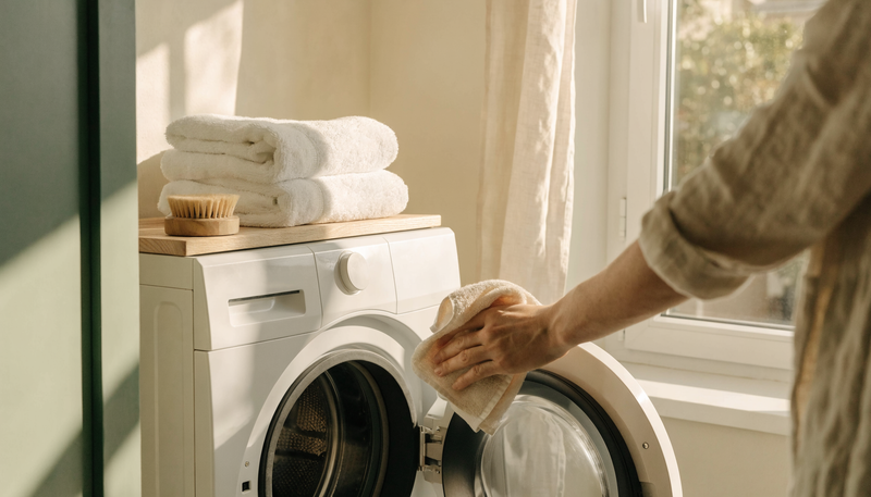 Wiping the door seal of a white front loader washing machine in a sunlit Australian laundry