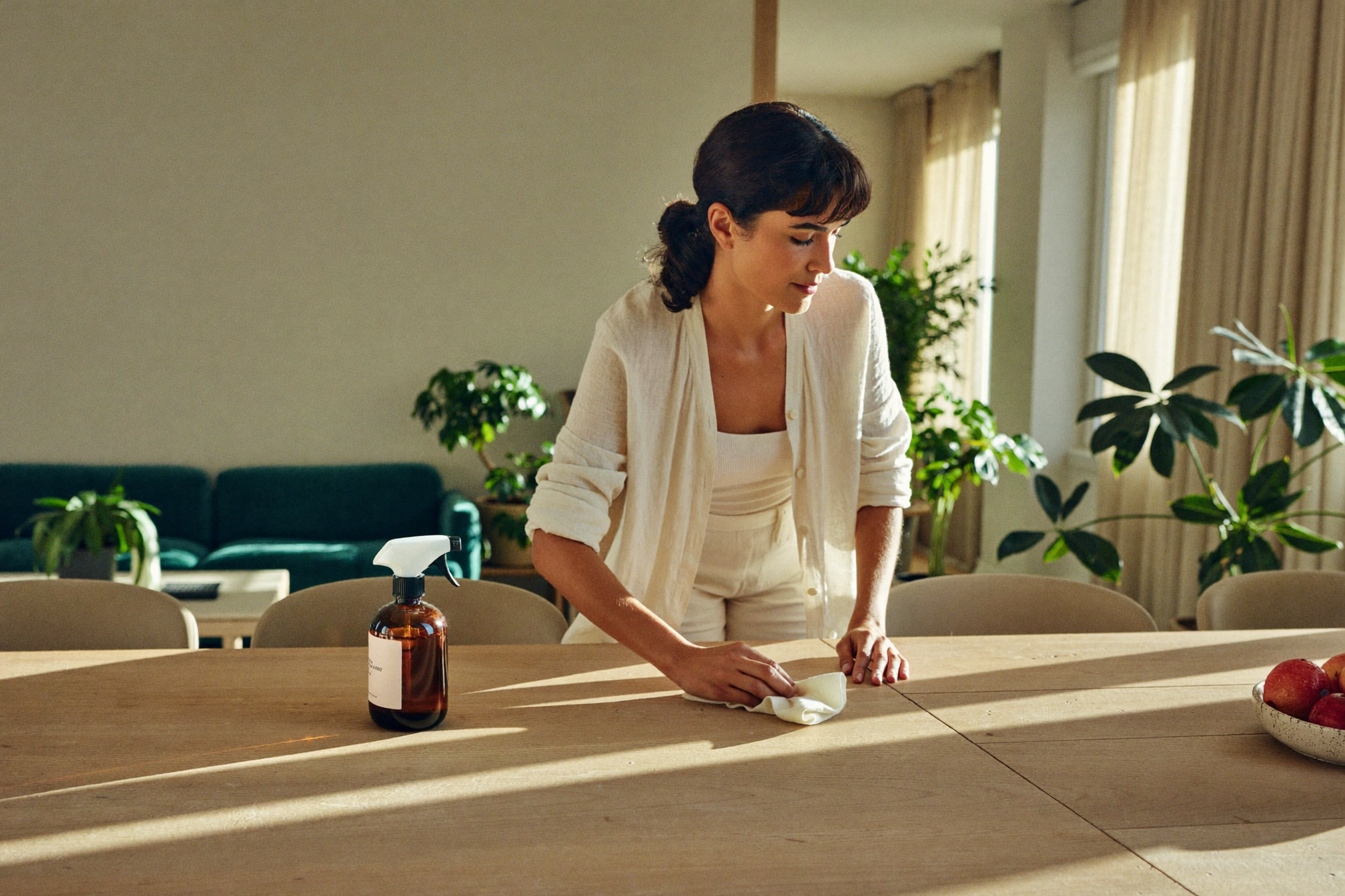 A woman wiping a timber table in a light-filled Australian home with an eco-friendly cleaning spray