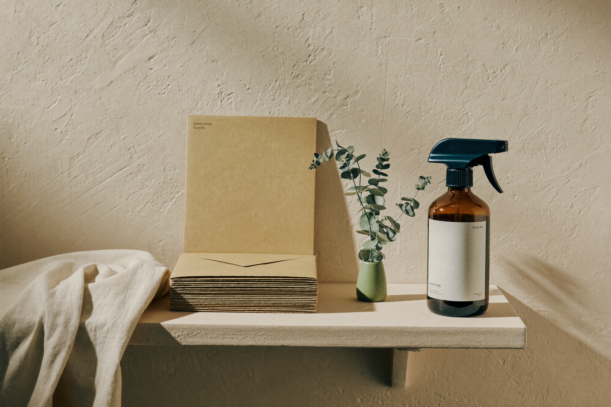 Plastic-free cleaning essentials — kraft envelopes and a reusable amber glass spray bottle on a shelf