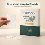 DSSLV dishwasher detergent sheet held for scale beside the pack. One sheet is up to 2 loads