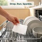 Drop. Run. Sparkle. A dishwasher sheet laid flat in the bottom rack between plates