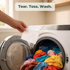 Tear. Toss. Wash. A laundry detergent sheet dropped straight into the washing machine drum