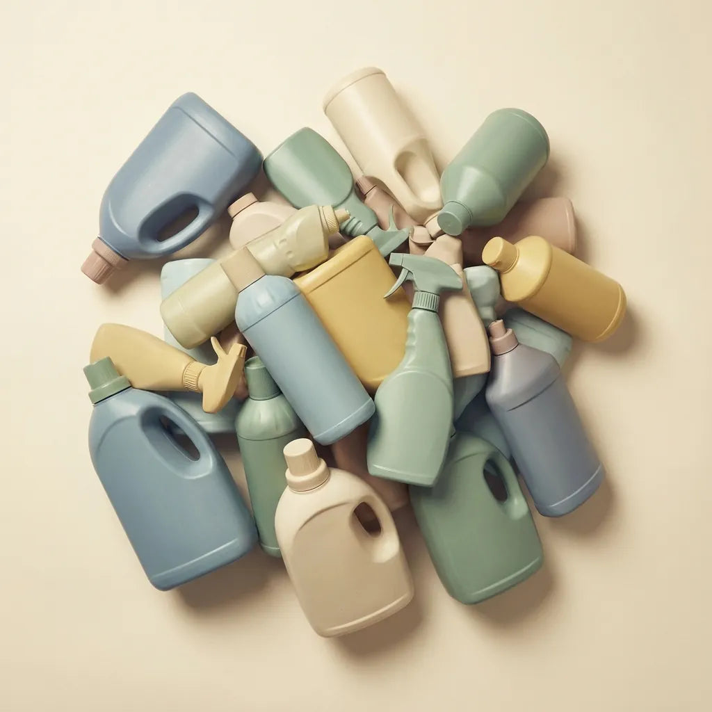 A cluttered cupboard of plastic cleaning bottles